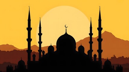 Silhouette of a mosque with minarets and domes against a large, glowing sun and distant mountains at sunset or sunrise, evoking a sense of peace and spirituality