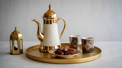 Traditional arabic coffee pot with dates and ornate cups on a golden tray, evoking ramadan and islamic hospitality