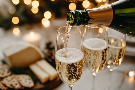 Bottle pouring sparkling wine into flute glasses creating bubbles. Holiday celebration with cheese and crackers on table
