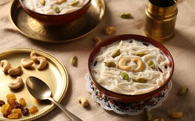 A closeup shot of delicious semiya payasam, a traditional indian sweet kheer, garnished with cashews, cardamom, and raisins, served in bowls