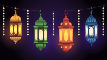 Colorful ramadan lanterns hanging on a string with decorative lights against a dark background, symbolizing celebration and tradition