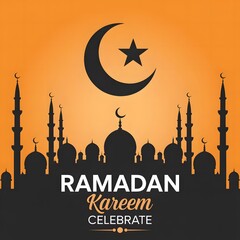Ramadan kareem celebrate islamic mosques silhouette with crescent moon and star on orange background