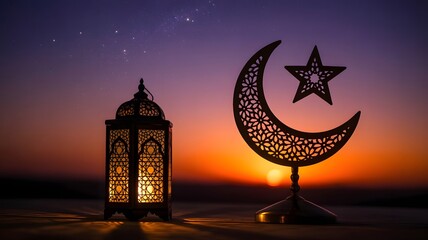 Silhouette of a glowing ramadan lantern and a crescent moon with a star against a vibrant sunset sky with stars, symbolizing islamic holidays and traditions