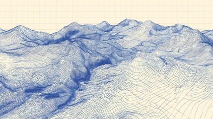 Digital Mountain Range Topography Wireframe on Grid Background for Mapping