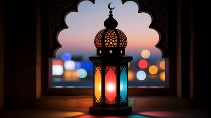 A beautiful ramadan lantern with colorful glass panels glows warmly in the window at dusk, casting enchanting light patterns