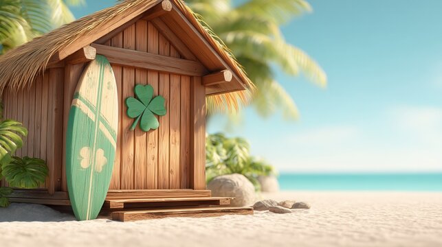 Saint Patrick's Day Tropical beach hut with surfboard and palm trees.