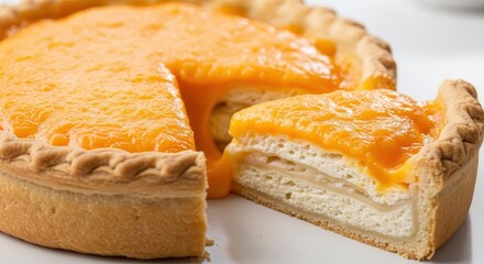 A delicious slice of orange glazed pie with filling presented