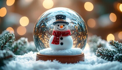 A delightful snowman inside a glass ball showcases a magical winter scene amid sparkling lights and evergreen decorations object