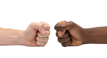 Two fists, one lightskinned and one darkskinned, meeting, isolated on transparent background