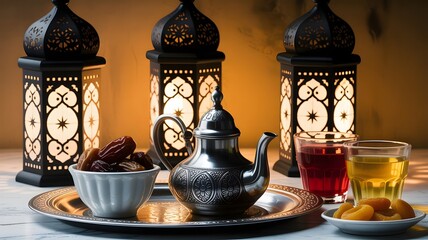 Traditional ramadan iftar table setting with dates, tea, and ornate lanterns, symbolizing hospitality and the holy months blessings