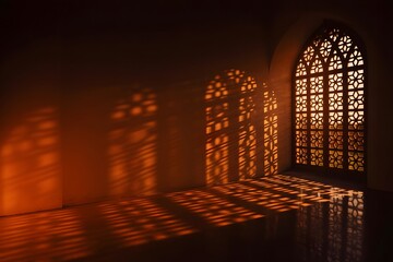 Intricate geometric patterns of light and shadow cast through an ornate arched window onto a warm, empty room