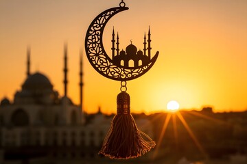 Islamic crescent moon ornament with tassel hanging in front of a mosque silhouette at sunset, symbolizing ramadan and eid celebrations