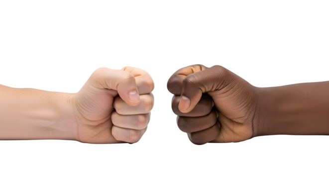 Two fists, one lightskinned and one darkskinned, meeting, isolated on transparent background