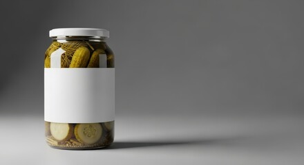 A jar of pickles with a blank label against a gray background