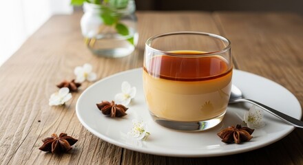 A layered caramel custard dessert in a clear glass on a white plate