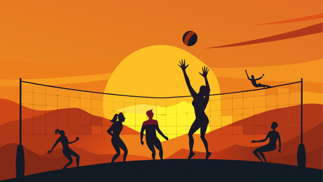 People playing volleyball at sunset time - Powered by Adobe