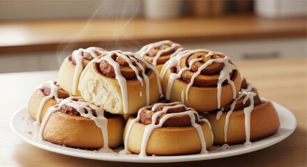 A pile of freshly baked cinnamon rolls with drizzled icing