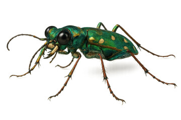 Fototapeta premium Six-spotted tiger beetle, cicindela sexguttata, showing vibrant iridescent green and metallic hues on transparent background