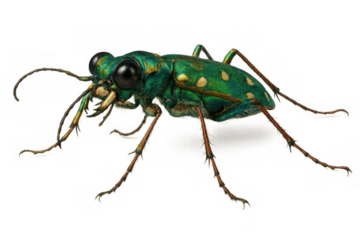 Six-spotted tiger beetle, cicindela sexguttata, showing vibrant iridescent green and metallic hues on transparent background