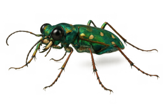 Six-spotted tiger beetle, cicindela sexguttata, showing vibrant iridescent green and metallic hues on transparent background
