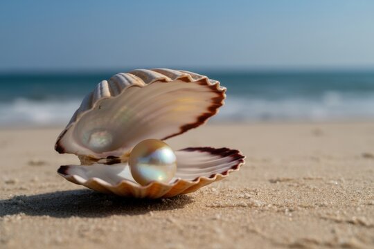 Beautiful pearl inside seashell on sand at beach with ocean backdrop