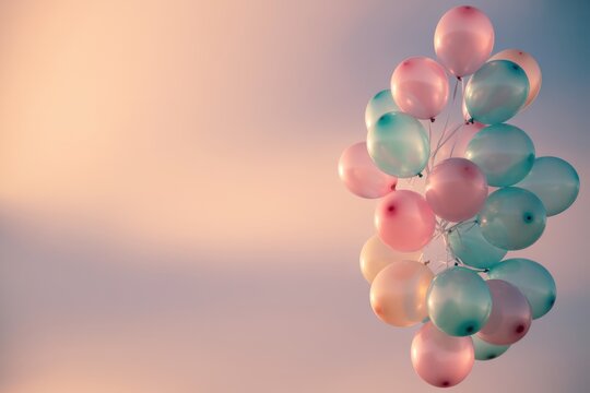 Pastel balloons floating against a soft gradient sky background - Powered by Adobe