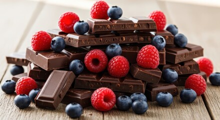 A Stack of Chocolate Bars Topped with Fresh Raspberries and Blueberries