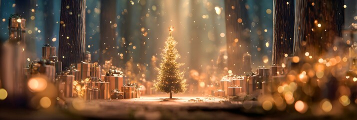 Magical christmas tree illuminated by golden light in a festive winter wonderland