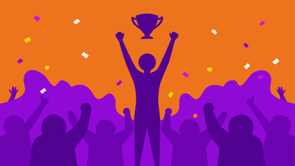 Silhouette celebrating with trophy and confetti