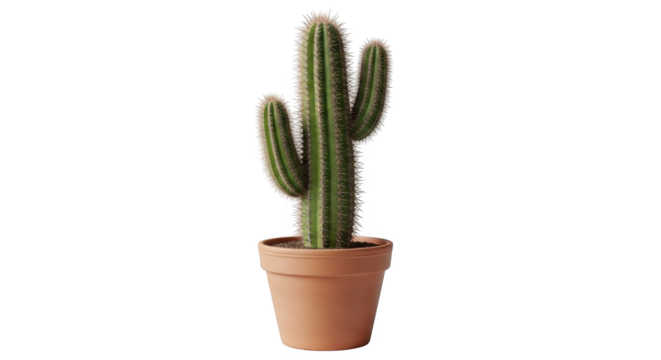 Tall green cactus in a terracotta pot on a white background.