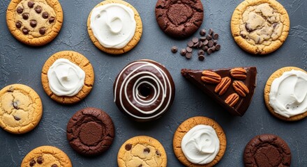 Assortment of Delicious Cookies and Donut on a Dark Surface