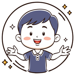 Obraz premium Cheerful cartoon boy with a happy smile and open arms in a sparkling circle illustration