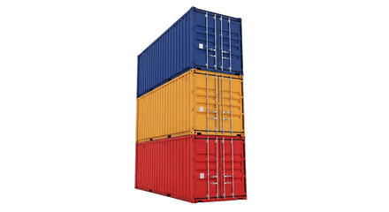 A vibrant stack of shipping containers, red, yellow, and blue against a transparent backdrop