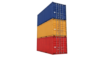 A vibrant stack of shipping containers, red, yellow, and blue against a transparent backdrop