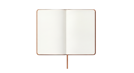 An open notebook with blank, lightly gridded pages and a tan bookmark invites creativity.