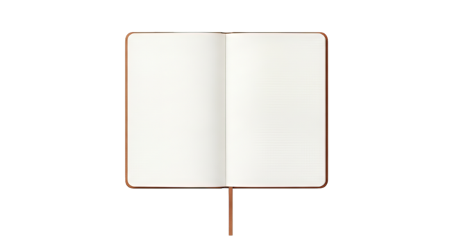 An open notebook with blank, lightly gridded pages and a tan bookmark invites creativity.