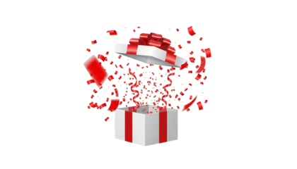 A white gift box bursts open releasing a joyous explosion of bright red confetti on transparent