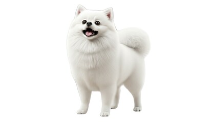 Adorable white fluffy dog stands against transparent backdrop showcasing a smiling expression