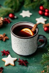 Hot mulled wine in a white ceramic mug, garnished with a dried orange slice and cinnamon stick, surrounded by festive Christmas decorations
