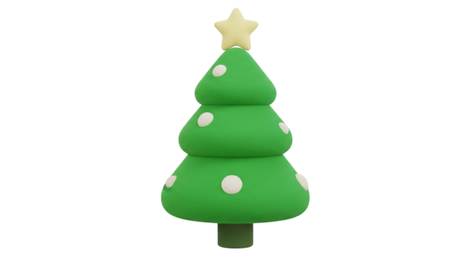 Stylized 3D Christmas tree with a star on top and white dots,isolated on transparent background