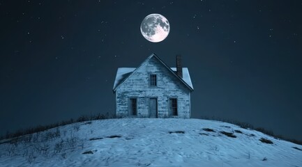 Naklejka premium Old abandoned house on a snow covered hill under a clear starry night sky with a bright full moon, featuring copy space