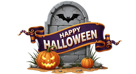 Happy Halloween banner set with a tombstone, bat, pumpkins, and festive typography illustration.