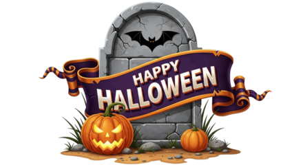 Happy Halloween banner set with a tombstone, bat, pumpkins, and festive typography illustration.