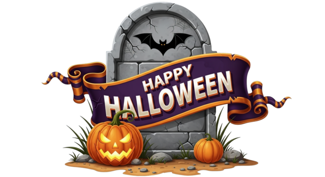 Happy Halloween banner set with a tombstone, bat, pumpkins, and festive typography illustration.