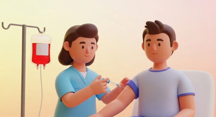 Nurse gives injection to patient with blood bag nearby