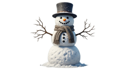 A cheerful snowman with a stylish top hat and cozy scarf stands tall against a dark background.