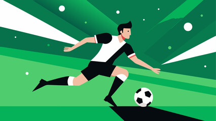 A soccer player kicking a ball on a field