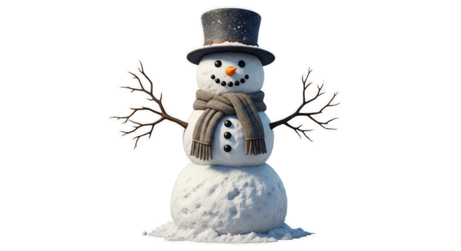 A cheerful snowman with a stylish top hat and cozy scarf stands tall against a dark background.