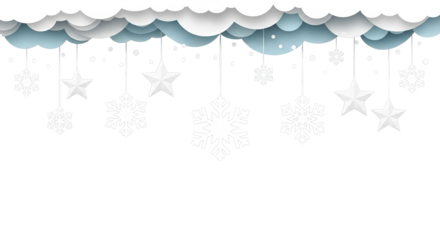Layered paper-cut style clouds and suspended snowflakes and stars create a dreamy, wintery scene