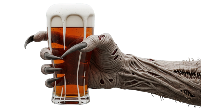 A terrifying clawed hand menacingly holds a refreshing beer, contrasting horror and delight.